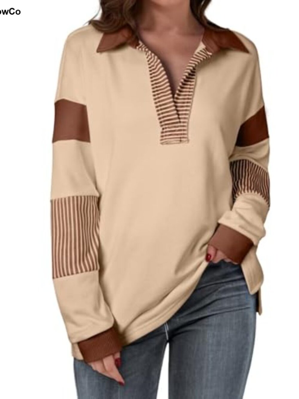 Women's Striped Half Zip Oversized Sweatshirt Cotton Polyester Pullover Top